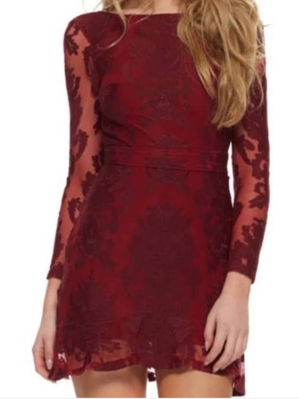 For Love & Lemons Night To Remember Red Long Sleeve Lace Fit-and-Flare Dress S